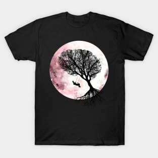 Pink moon, tree and young girl on swing ,cute, space, night, aesthetic, nature T-Shirt